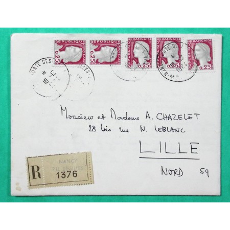 N°1263 x5MARIANNE DECARIS RECOMMANDE NANCY TARIF 1F25 POUR LILLE 1961