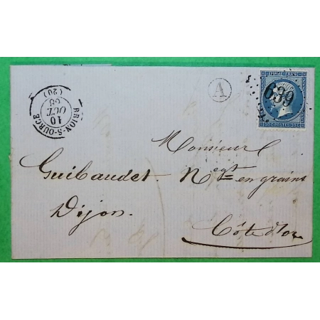N°22 GC 639 BRION SUR OURCE COTE D'OR BOITE RURALE A BELAN POUR DIJON 1866 LETTRE COVER FRANCE
