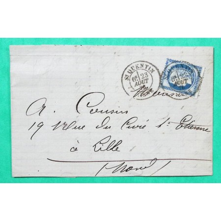 N°60A OBLITERATION CAD TYPE 18 ST QUENTIN AISNE POUR LILLE NORD 1876