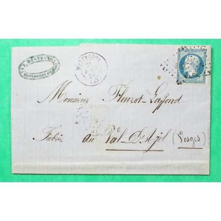 N°14 PC 2070 MONTBOZON HAUTE SAONE POUR LE VAL D'AJOL VOSGES 1858