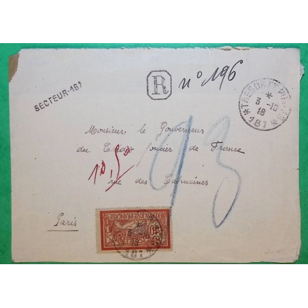 N°119 MERSON RECOMMANDE TRESOR ET POSTES 161 POUR PARIS RUE DES CAPUCINES 1918 WW1 LETTRE COVER FRANCE