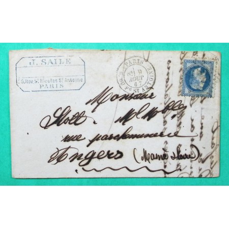 N°29 ETOILE DE PARIS N°23 R. DU FG ST ANTOINE POUR ANGERS MAINE ET LOIRE 1867