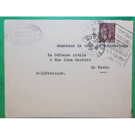 N°284 PAIX OBLITERATION MECANIQUE DAGUIN GONESSE SON EGLISE SES TULIPES AVRIL MAI DREYFUSS 301 POUR LE HAVRE 1937 FRANCE