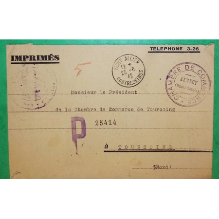 FRANCHISE CHAMBRE DU COMMERCE BUREAU DU COURRIER OFFICIEL VICHY ALLIER CONTRESEINGS 1942 WW2 LETTRE COVER FRANCE