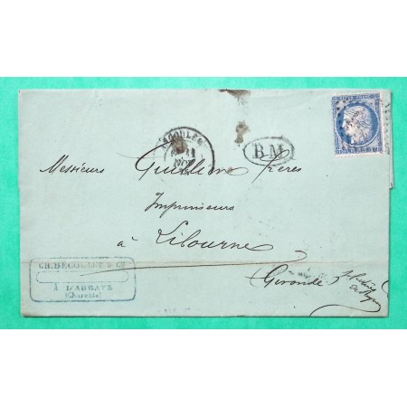 N°60C LETTRE L'ABBAYE CHARENTE BM BOITE MOBILE ANGOULEME POUR LIBOURNE GIRONDE 1874