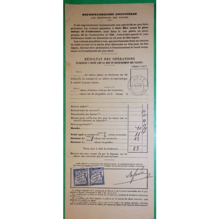 TAXE DUVAL 5C x2 BLEU RECOMMANDATION ESSENTIELLE AUX RECEVEURS DES POSTES JOZE PUY DE DOME 1899 LETTRE COVER FRANCE