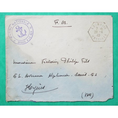 FRANCHISE MILITAIRE FM MARINE NATIONALE LOCMARIA BELLE ILE EN MER MORBIHAN POUR HYERES VAR 1940 WW2