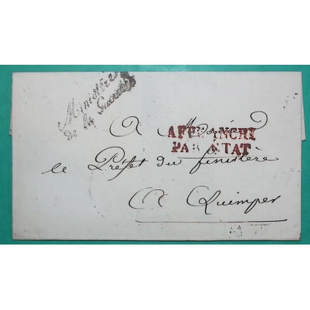 FRANCHISE MINISTERE DE LA GUERRE GRIFFE ROUGE AFFRANCHI PAR ETAT PARIS POUR QUIMPER FINISTERE LETTRE COVER FRANCE