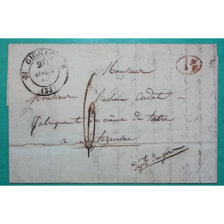 CAD TYPE 12 GIGNAC HERAULT DECIME RURAL ANIANE POUR VIC FEZENSAC GERS 1835 LETTRE COVER FRANCE