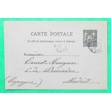 ENTIER 10C SAGE CARTE POSTALE OBLITERATION BLEU PARIS RUE DE CLERY POUR MADRID ESPAGNE 1885