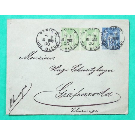 ENTIER 15C BLEU SAGE + COMPLEMENT AFFRANCHISSEMENT N°102 x2 LETTRE PARIS TARIF 25C POUR GRAFENRODA ALLEMAGNE 1900