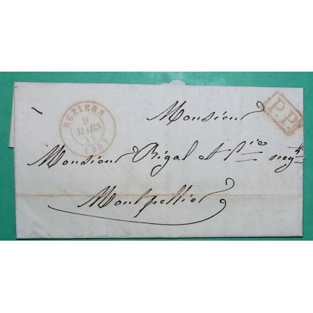 CAD TYPE 15 BEZIERS ROUGE HERAULT PP PORT PAYE POUR MONTPELLIER 1844 LETTRE COVER FRANCE