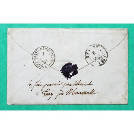 CAD TYPE 15 SERVICE INTERMEDIAIRE PARIS A LYON VERSO LETTRE DIJON COTE D'OR 1853