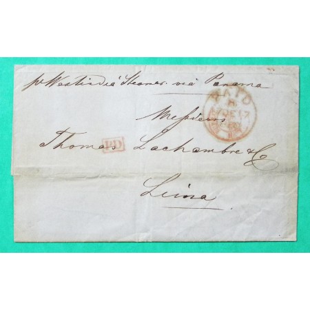 LETTRE LE HAVRE SEINE INFERIEURE POUR LIMA PEROU VIA PANAMA CACHET PAID ANGLAIS 1850