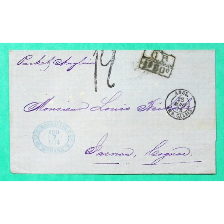 LETTRE LA HAVANE CUBA POUR JARNAC CHARENTE TAXE TAMPON 12 CACHET ENTREE ANGL. AMB CALAIS 1874