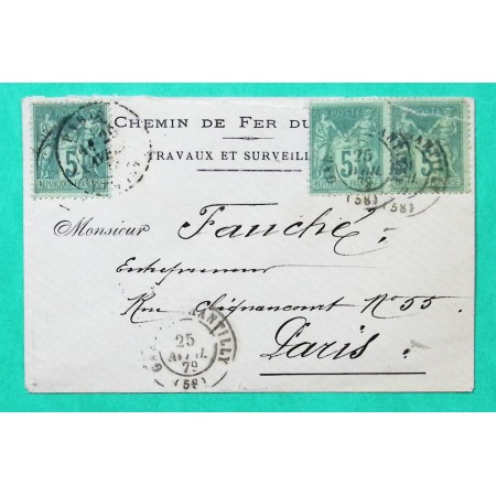 N°75 x3 SAGE LETTRE CHEMIN DE FER CAD TYPE 17 GARE DE CHANTILLY OISE POUR PARIS 1879