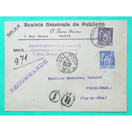 N°90 + 97 SAGE RECOMMANDE PARIS PLACE DE LA BOURSE SOCIETE GENERALE DE PUBLICITE POUR CHAMALIERES PUY DE DOME 1899