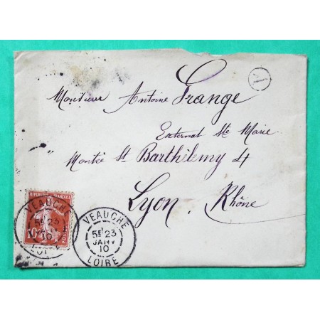 N°138 SEMEUSE LETTRE VEAUCHE LOIRE BOITE RURALE A RIVAS POUR LYON RHONE 1910