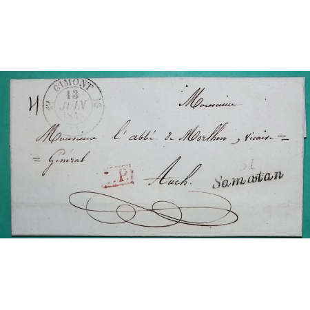 CAD TYPE 12 GIMONT GERS PP PORT PAYE + CURSIVE 31 SAMATAN POUR AUCH 1844 LETTRE COVER FRANCE