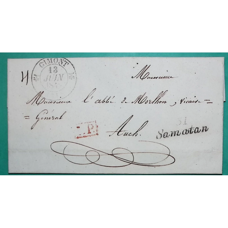 CAD TYPE 12 GIMONT GERS PP PORT PAYE + CURSIVE 31 SAMATAN POUR AUCH 1844 LETTRE COVER FRANCE