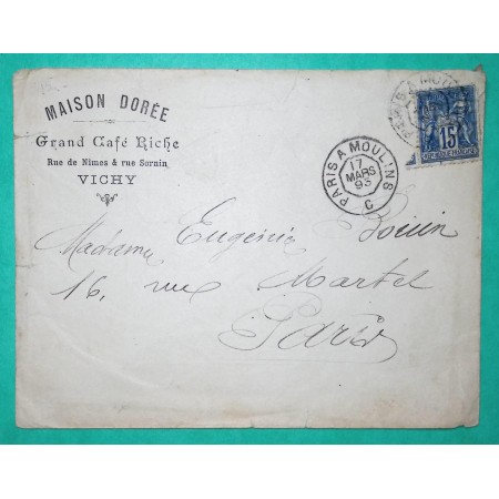 N°101 SAGE AMBULANT DE JOUR PARIS A MOULINS BELLE ENVELOPPE PUB ILLUSTREE GRAND CAFE RICHE VICHY ALLIER 1893