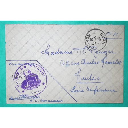 FRANCHISE MILITAIRE FM MAIRIE HASNON NORD POUR NANTES LOIRE INFERIEURE 1940 WW2