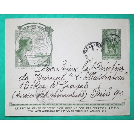 ENTIER 50C MADAGASCAR TANANARIVE POUR PARIS + VIGNETTE TUBERCULOSE 1934