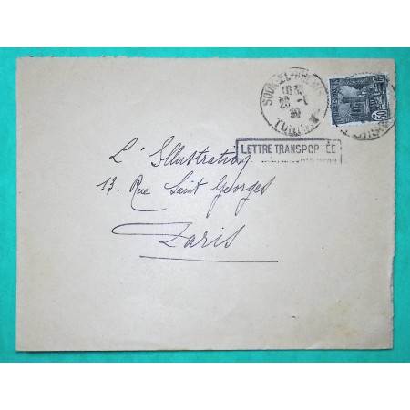 LETTRE TUNISIE SOUK EL KHEMIS GRIFFE TRANSPORTEE EXCEPTIONNELLEMENT PAR AVION POUR PARIS 1930