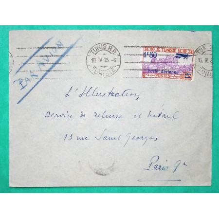 TIMBRE PA TUNISIE SURCHARGE 1F50 PAR AVION TUNIS POUR PARIS 1935
