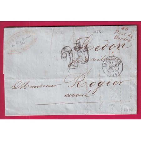 CURSIVE 45 PONT DE BORDES EN ROUGE 1854 LOT ET GARONNE POUR REDON ILLE ET VILAINE 1854