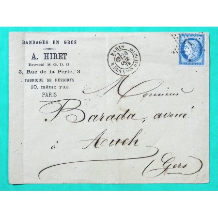 N°60C ETOILE DE PARIS N°7 R. DES VIEILLES HAUDRIETTES ENVELOPPE ENTETE PUBLICITAIRE BANDAGES 1875