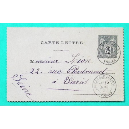 ENTIER SAGE 25C CARTE LETTRE CELLES SUR PLAINE VOSGES POUR PARIS 1890