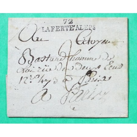 MARQUE 72 LA FERTE ALEPS ALAIS SEINE ET OISE DEPART BALLANCOURT POUR PARIS PERIODE REVOLUTIONNAIRE 43x9 1800