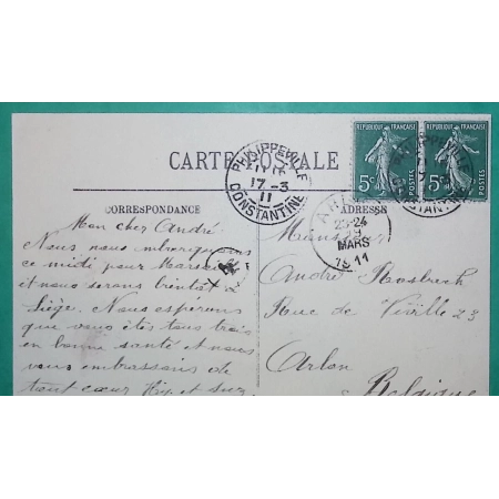 N°137 x2 SEMEUSE CARTE PHILIPPEVILLE CONSTANTINE ALGERIE POUR ARLON BELGIQUE 1911 LETTRE COVER FRANCE