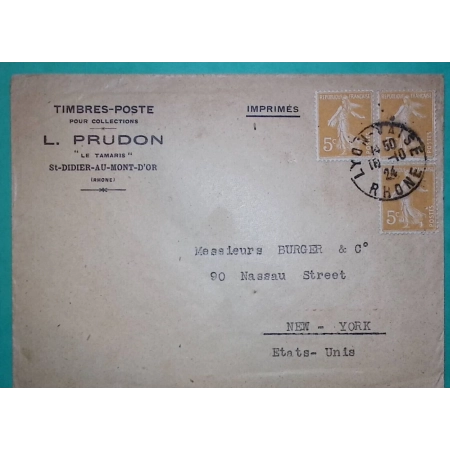 N°158 x3 SEMEUSE TARIF IMPRIME 15C LYON RHONE POUR NEW YORK ETATS UNIS USA 1924 LETTRE COVER FRANCE