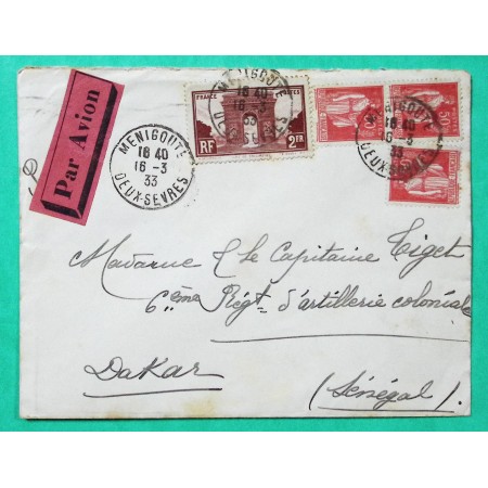 N°258 + 283 x3 ARC DE TRIOMPHE PAIX LETTRE PAR AVION MENIGOUTE DEUX SEVRES POUR DAKAR SENEGAL 1933