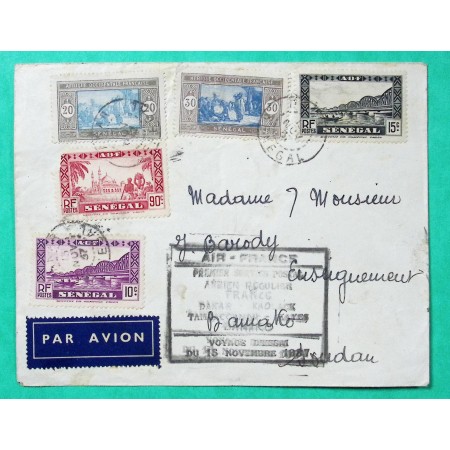 PREMIER SERVICE POSTAL AERIEN DAKAR KAOLACK BAMAKO SENEGAL AOF AIR FRANCE 1937