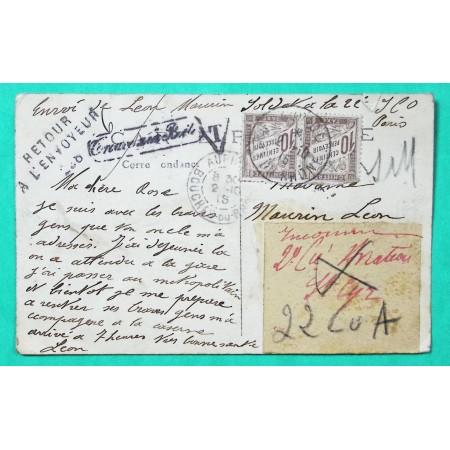 CARTE POSTAL SOLDAT PARIS TAXE DUVAL 10C x2 GRIFFE TROUVE A LA BOITE RETOUR ENVOYEUR 1915 WW1