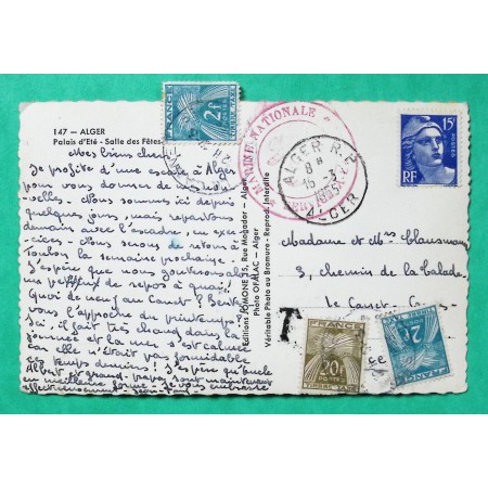 N°886 MARIANNE DE GANDON CARTE POSTALE ALGER ALGERIE MARINE NATIONALE TAXE GERBES 24F 1955