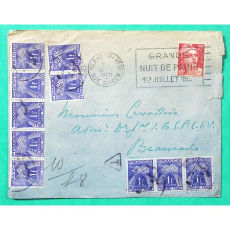 N°813 MARIANNE DE GANDON + TAXE DUVAL 1F x 10 LETTRE PARIS POUR BEAUCAIRE GARD 1950