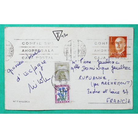 CARTE POSTALE SANT FELIU DE GUIXOLS ESPAGNE MIXTE TAXE GERBES + FLEURS POUR BREHEMONT INDRE ET LOIRE 1965