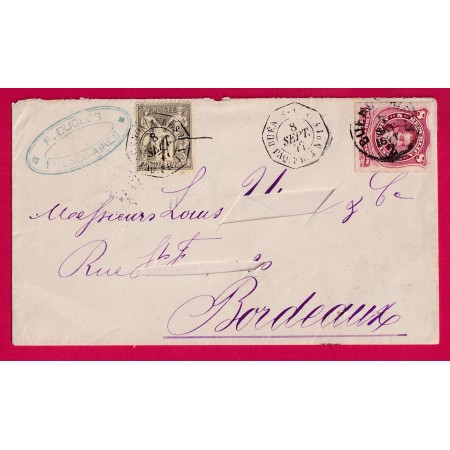 AFFRANCHISSEMENT MIXTE 1FR SAGE N/B + 8 CENTAVOS BUENOS AIRES ARGENTINE 1877 CAD BUENOS AYRES PAQ FR J N°1 POUR BORDEAUX