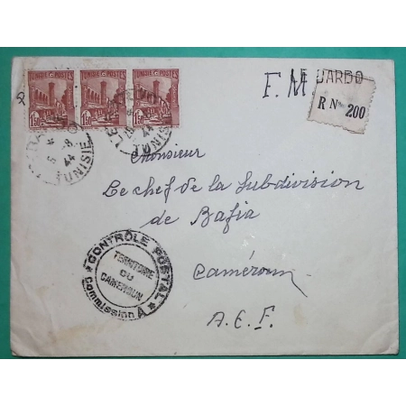 FRANCHISE MILITAIRE FM RECOMMANDE BARDO TUNISIE POUR BAFIA CAMEROUN CENSURE AEF 1944 LETTRE COVER FRANCE