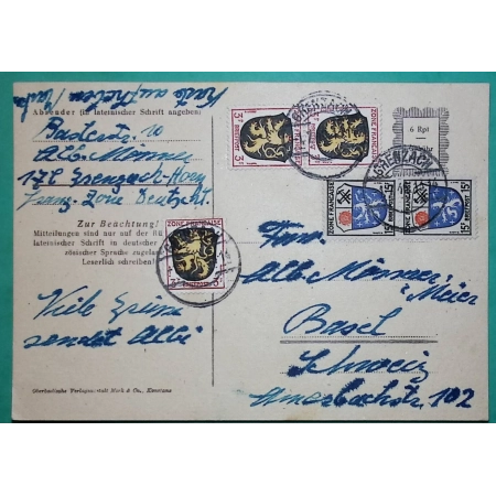 ENTIER CARTE POSTALE OCCUPATION FRANCAISE ALLEMAGNE 3F x3 + 15F x2 POUR BALE SUISSE 1946 COVER