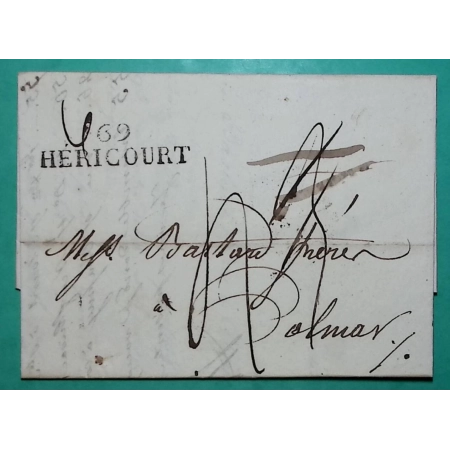 MARQUE 69 HERICOURT HAUTE SAONE TAXE MODIFIEE POUR COLMAR HAUT RHIN 40x10.5 1826 LETTRE COVER FRANCE