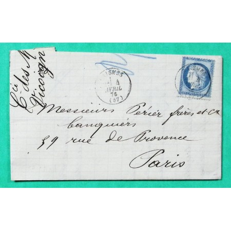 N°60A CAD TYPE 16 RAISMES NORD LETTRE COMPAGNIE DES MINES DE VICOIGNE POUR PARIS 1876
