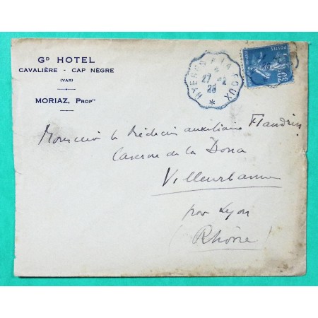 N°192 SEMEUSE CONVOYEUR LIGNE BLEU HYERES A LA FOUX PUB GRAND HOTEL CAVALIERE VAR 1926