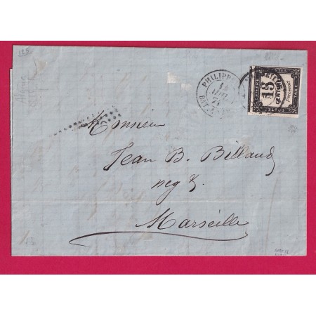TAXE N°4 SIGNE ROUMET LETTRE NON AFFRANCHIE CAD PHILIPPEVILLE BATEAU A VAPEUR + CAD MARSEILLE SUR TIMBRE RARE