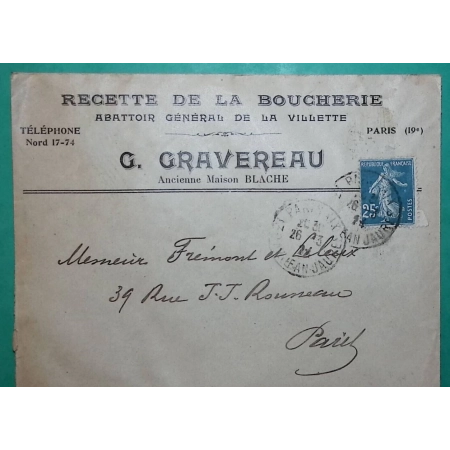 N°140 SEMEUSE ENVELOPPE PUB RECETTE DE LA BOUCHERIE ABATTOIR GENERAL DE LA VILLETTE PARIS 1924 LETTRE COVER FRANCE