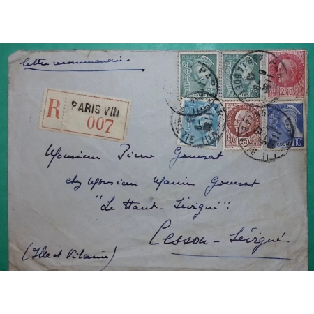 N°407 + 411 x2 + 517 + 519 + 549 MERCURE PETAIN BERSIER RECOMMANDE PARIS POUR CESSON SEVIGNE ILLE ET VILAINE 1943 FRANCE